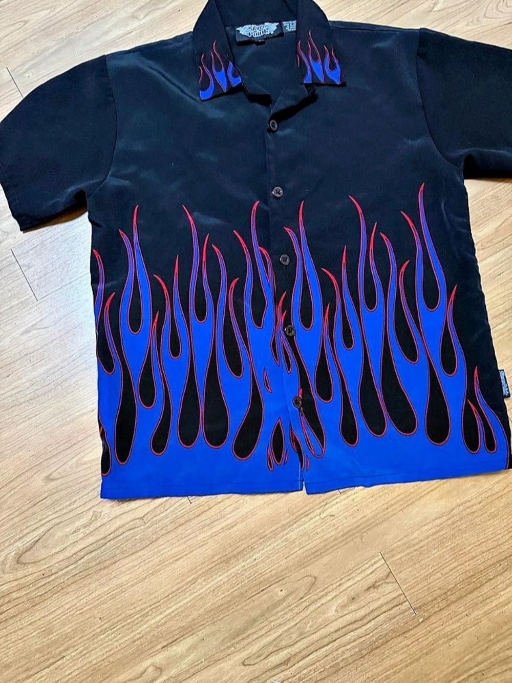 Silver point Flame Graphic polo in Black & Blue Size Small